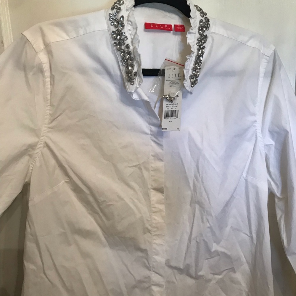 White button down blouse with jeweled neck